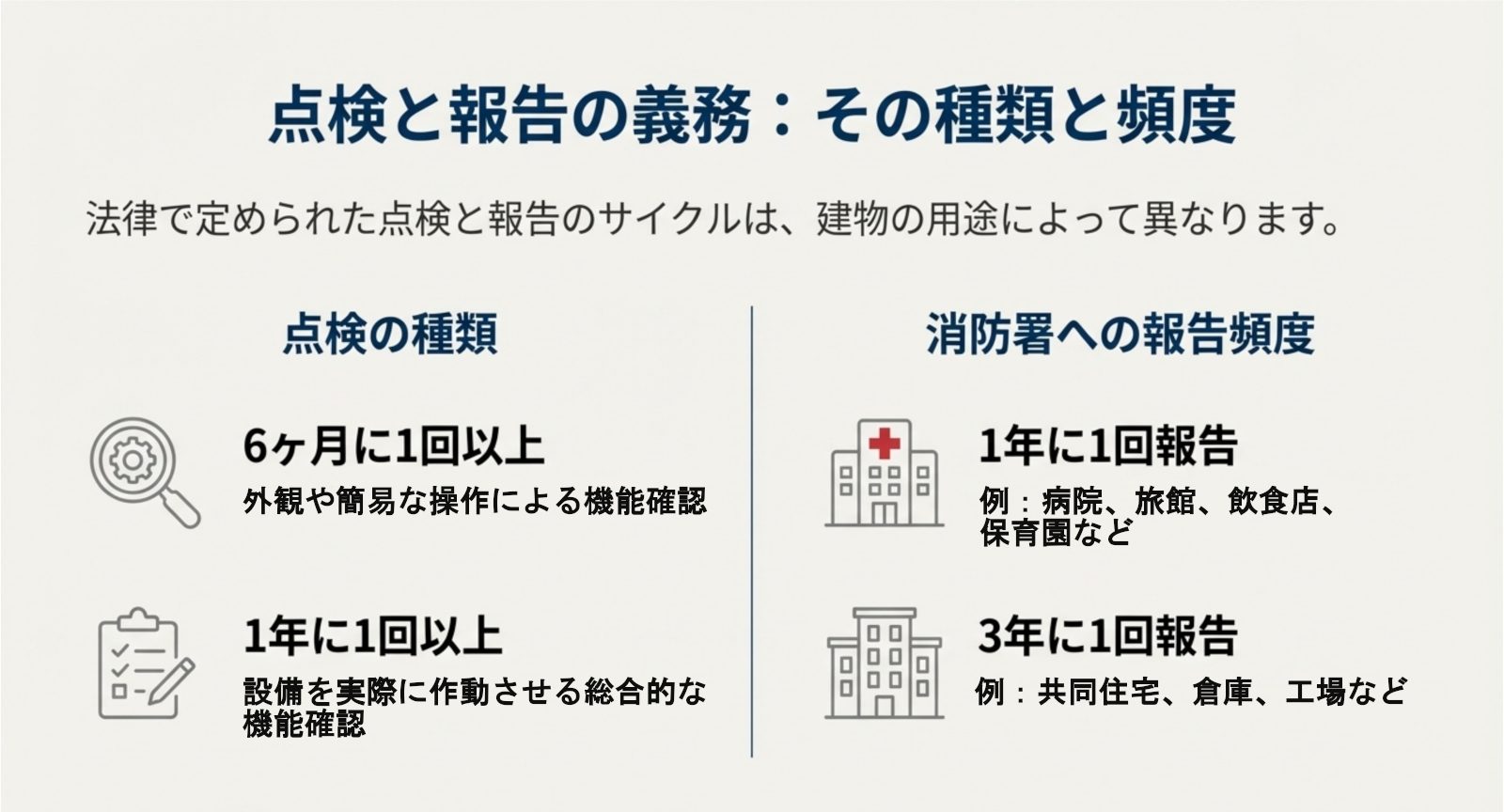 消防用設備点検の法的義務と対象、建物の用途による報告の期間